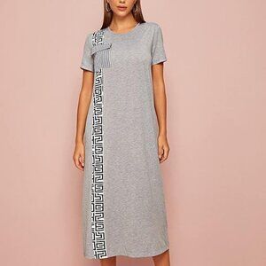 Striped Pocket Greek  Print  Side Slit Tee Dress